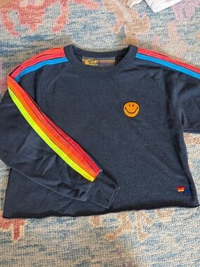 Aviator Nation Rainbow Stripe Long Sleeve Tee Smiley Patch Size S